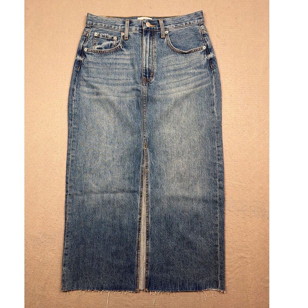 Pistola Denim Midi Skirt Blue High Rise Front Slit Raw Hem Size 30